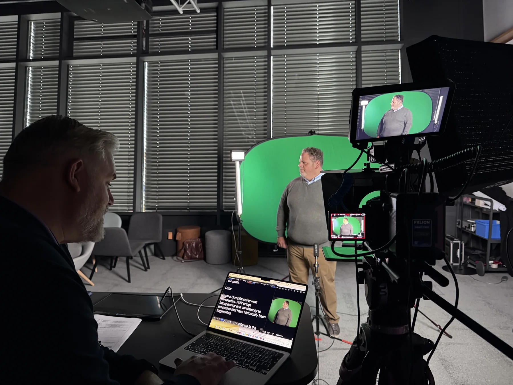 Camera, teleprompter and monitoring for a green-screen interview