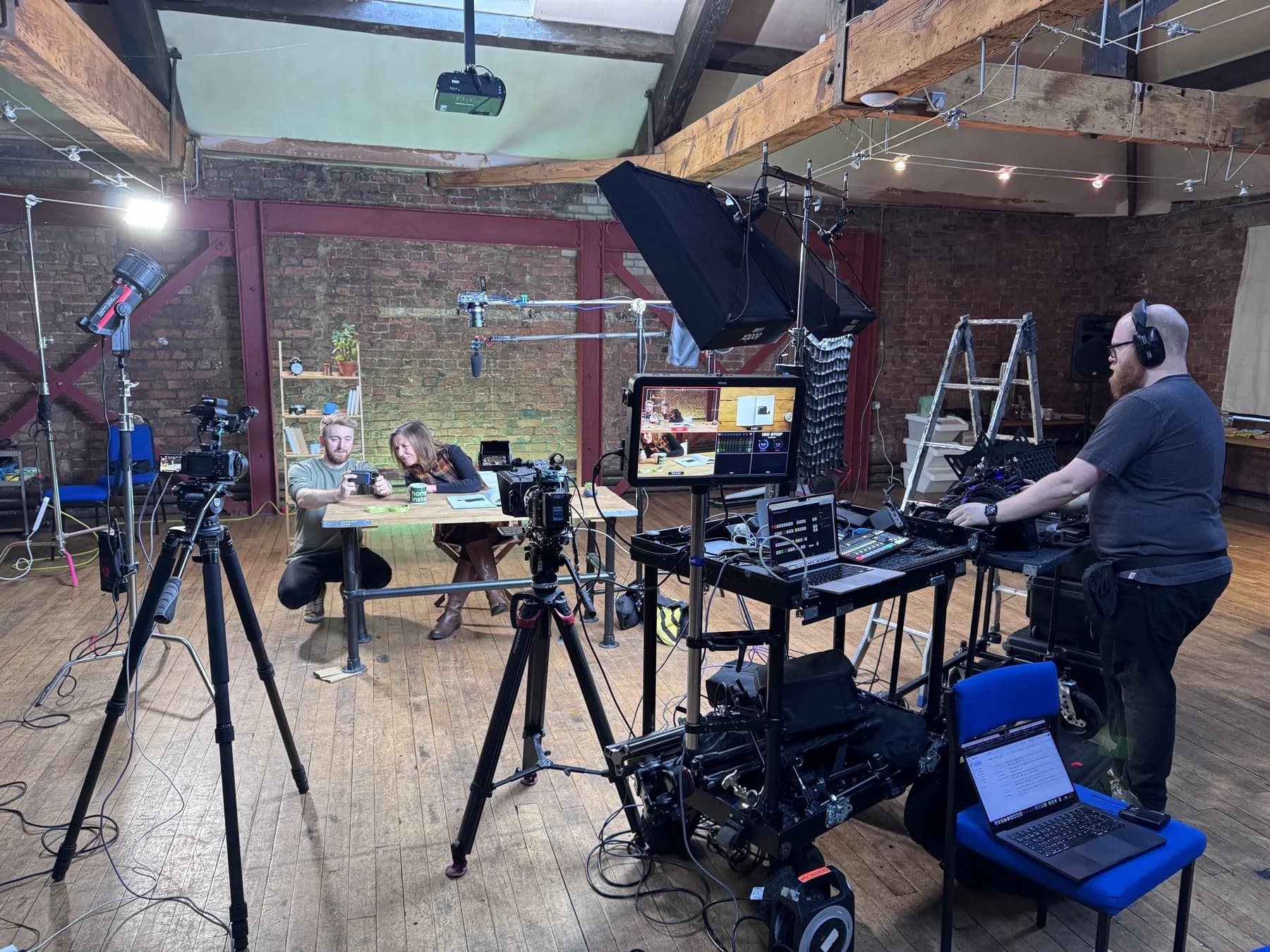 Cameras, lighting and a vision-mixing desk in a multi-camera production