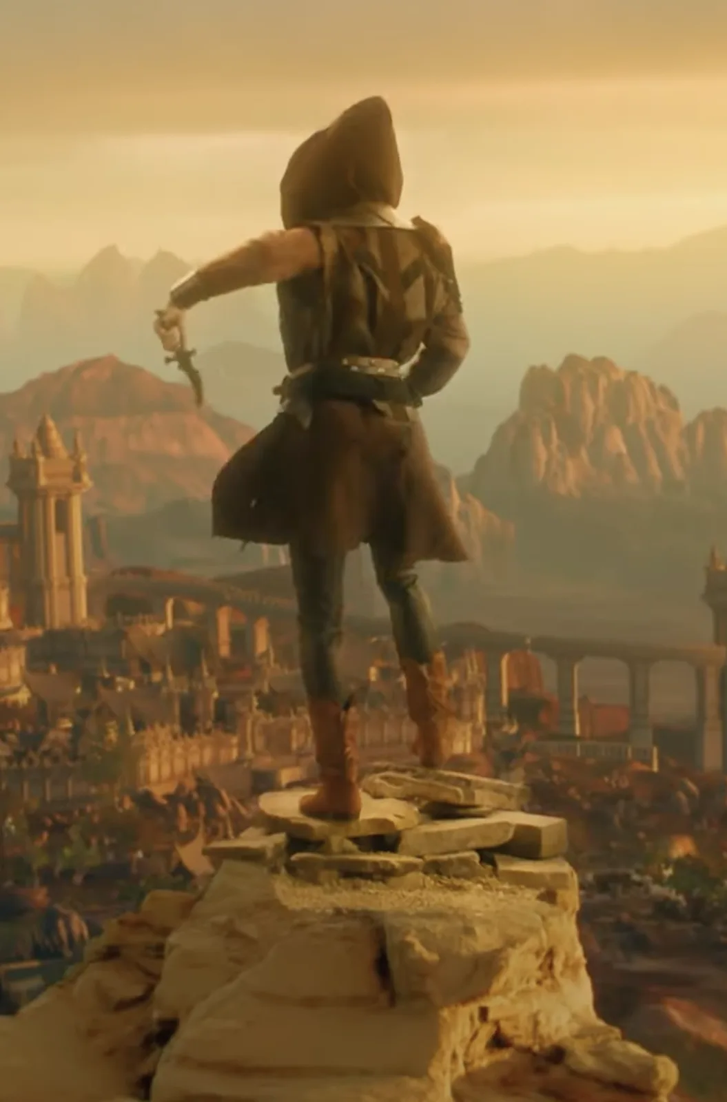 Fantasy character overlooking a sunlit virtual landscape