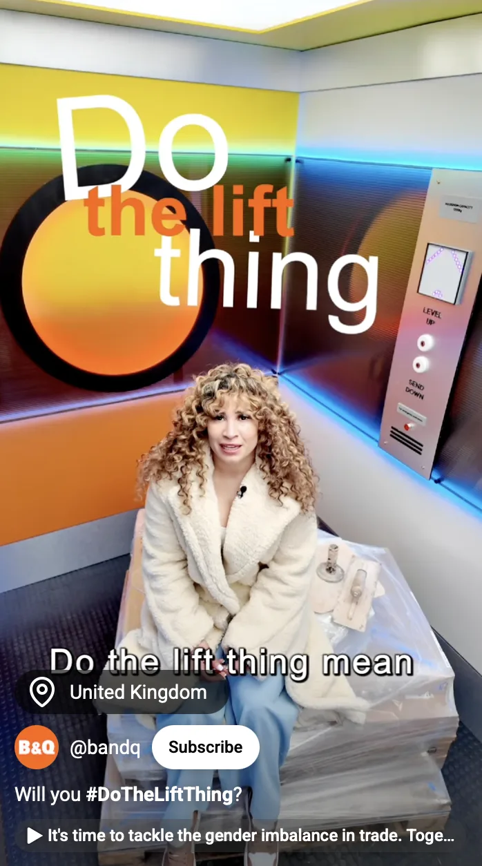 Finished vertical campaign frame showing a presenter inside the colourful lift