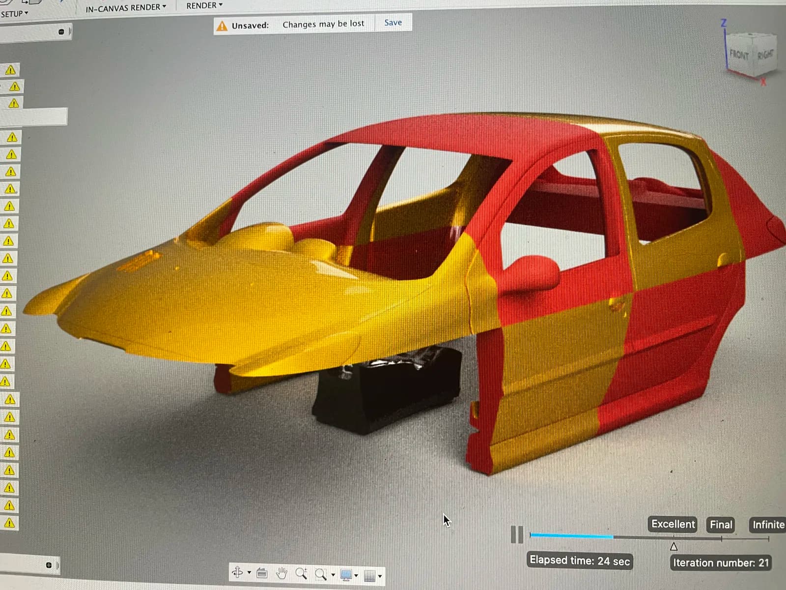 Digital model of the car body with separate coloured panels on screen