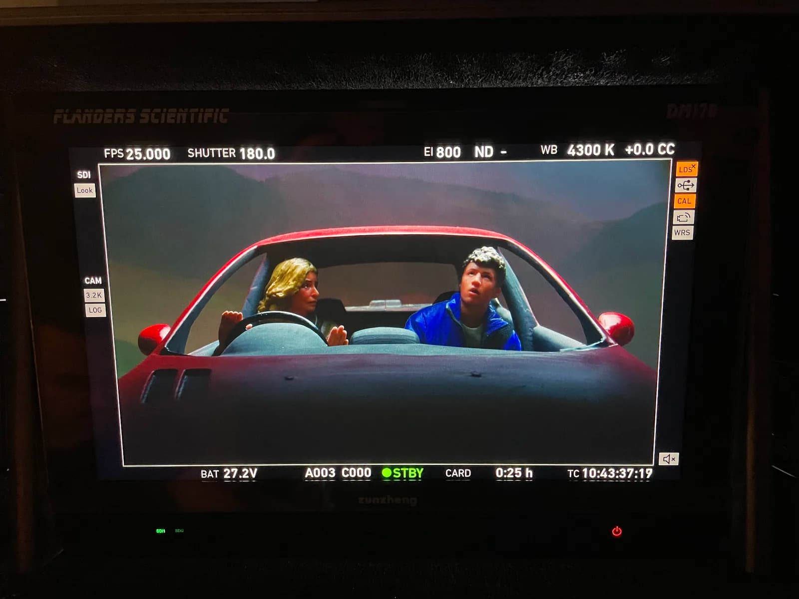 Camera monitor showing the two figures framed through the model car windscreen