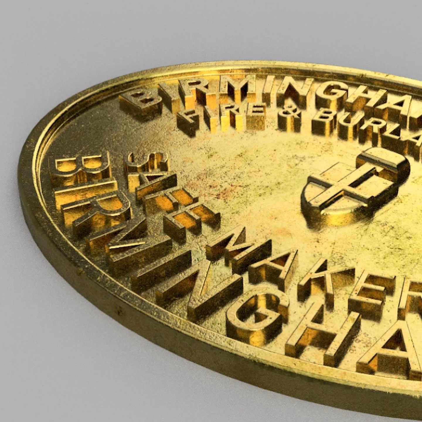 Digital view of a circular plaque with a metallic gold appearance